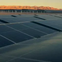 Rows of utility-scale solar panels extending across a desert landscape with mountains in the background.